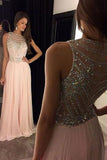 Elegant Light Pink Chiffon Evening Dress with Beading Bodice PM583