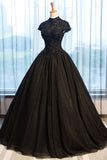 Black Tulle Cap Sleeve Long High Neck Beads Ball Gown Open Back Prom Dresses uk PW103