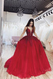 Burgundy Ball Gown V neck Spaghetti Straps Tulle Prom Dresses with Appliques P1304