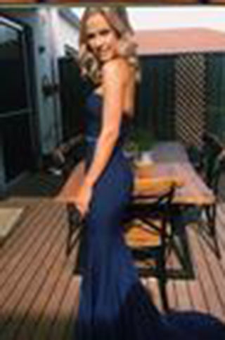 Sweetheart Navy Blue Mermaid Prom Dress with Sash Sweep Train PM596