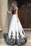 Elegant A Line Two Pieces Open Back Scoop Satin Lace Beads Prom Dress PW189