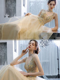 Elegant V-Neck Straps Tulle Beading Ruffles Floor Length Prom Dress PD15