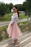 Elegant 3/4 Sleeves Lace Off the Shoulder Short Tulle Prom Dresses Two Pieces Hoco Dresses H1203