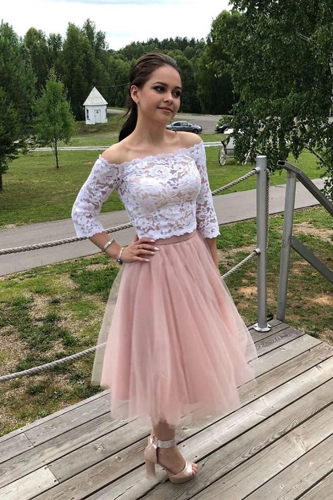 Elegant 34 Sleeves Lace Off the Shoulder Short Tulle Prom Dresses Two Piece Hoco Dress H1203