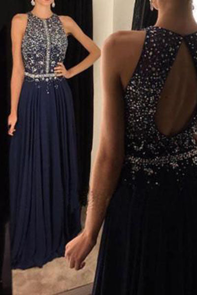 Elegant Navy Blue Beading Chiffon Evening Gowns Long Prom Gown