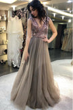 Elegant A Line Gray V Neck Tulle And Sequin Prom Dresses, Long Party Dresses PW973