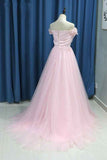 Elegant A Line Pink Tulle Prom Dresses with Flowers Off the Shoulder Belt Evening Dresses PW749