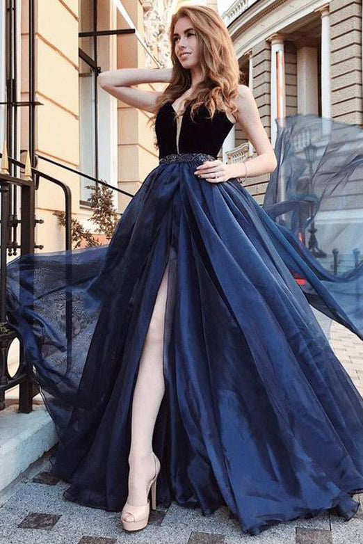 Elegant Deep V Neck Tulle Long Prom Dress With Beading Navy Blue Evening Gowns PW737
