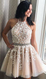 Elegant Halter Lace Appliques Beads Short Party Dress Homecoming Dress H1242