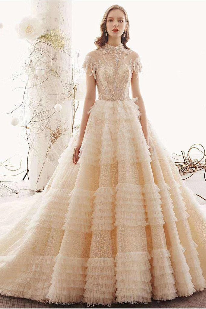 Elegant High Neck Ball Gown Wedding Dresses, Short Sleeve Quinceanera Dresses PW773