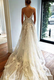 Elegant Ivory Spaghetti Straps Tulle Lace V Neck Wedding Dresses With Pockets PW718