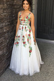 Elegant Ivory V Neck Lace Prom Dresses, Backless Pockets Wedding Dresses with Flowers P1046