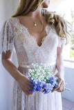 Elegant Lace V-Neck Beach Wedding Dresses Short Sleeve Long Backless Wedding Gowns W1075