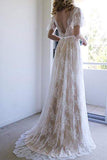Elegant Lace V Neck Beach Wedding Dresses, Short Sleeve Long Backless Wedding Gowns W1075