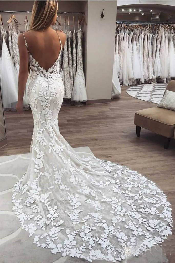 Elegant Mermaid Spaghetti Straps Lace V-Neck Ivory Wedding Dresses Bridal Dresses PW776