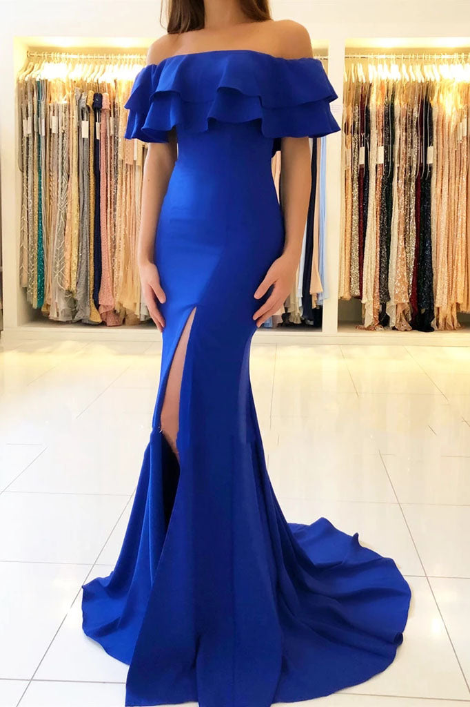 Elegant Off the Shoulder Royal Blue Mermaid Ruffle Sleeve Satin Long Prom Dresses P1153