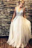 Elegant Rhinestones Bodice Prom Dresses with Tulle V Neck Backless Formal Dresses PW484