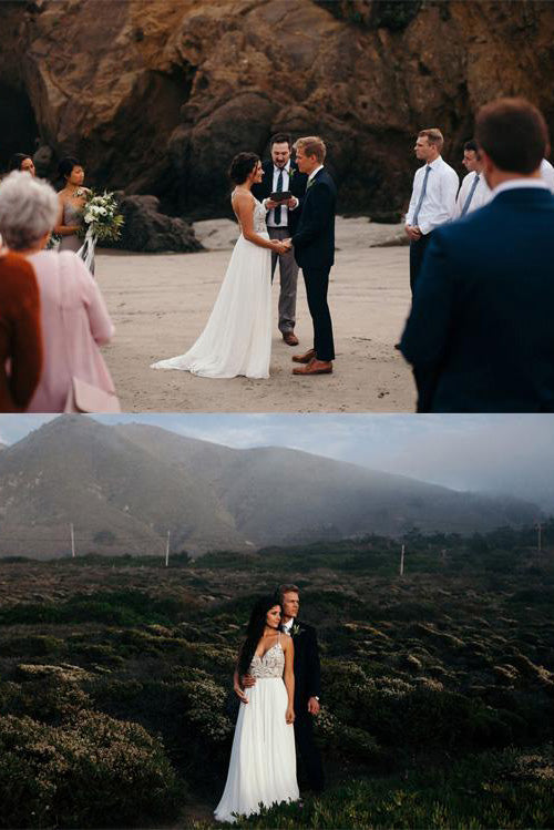 Elegant Spaghetti Straps V-Neck Chiffon Backless Beach Wedding Dresses Bridal Gowns W1101