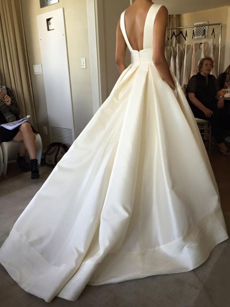 Elegant Straps Ivory Satin Backless Pockets Ball Gown Wedding Dress W1089