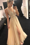 Elegant Tulle Beads Straps Prom Dresses with Split Long Evening Dresses PW782