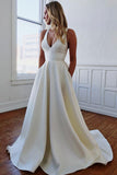Elegant V Neck Ivory Wedding Dresses with Pockets, Open Back Satin Wedding Gowns W1030