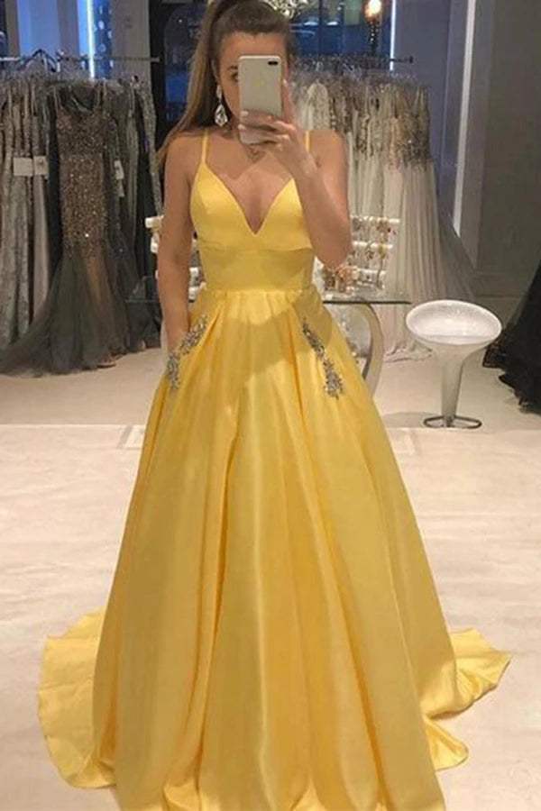 Elegant Yellow Spaghetti Straps A Line Satin V Neck Prom Dresses with Beads Pockets P1123