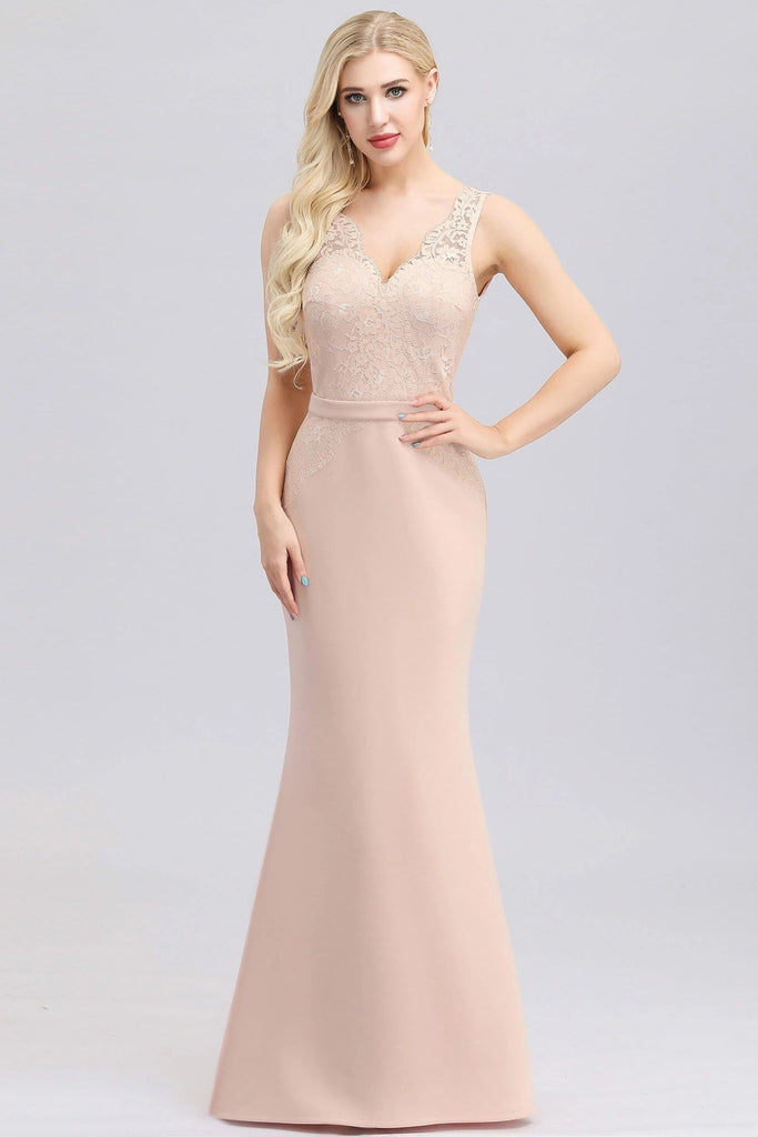 Elegant V-Neck Floral Lace Pink Evening Dress Satin Prom Dresses P1186