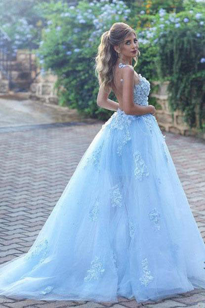 Light Blue Lace Appliques Ball Gown Tulle Prom Dresses UK,Princess Wedding Dresses UK PH332