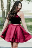 Cute A Line Burgundy Taffeta Two Pieces Halter Homecoming Dresses uk with Pockets PH978