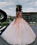 Princess Ball Gown Pink Tulle Prom Dress with Handmade Flowers Quinceanera Dress P1451