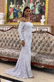 Modest Sweep Train Mermaid Off-the-shoulder Sequins Long Sleeve Prom Evening Dresses