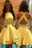 Elegant Jewel Above-knee Criss-Cross Straps Satin Yellow Homecoming Dresses with Beads PM79