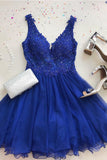 Cute A Line V Neck Chiffon Beads Royal Blue Short Homecoming Dresses with Appliques PH936