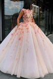 Princess Ball Gown Pink Tulle Prom Dresses with Handmade Flowers, Quinceanera Dress P1451
