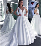 A Line Round Neck White Prom Dress Bowknot Satin Wedding Dress P1278
