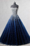 A-Line Blue Sweetheart Sequin Spaghetti Straps Tulle Long Lace up Prom Dresses UK PH519