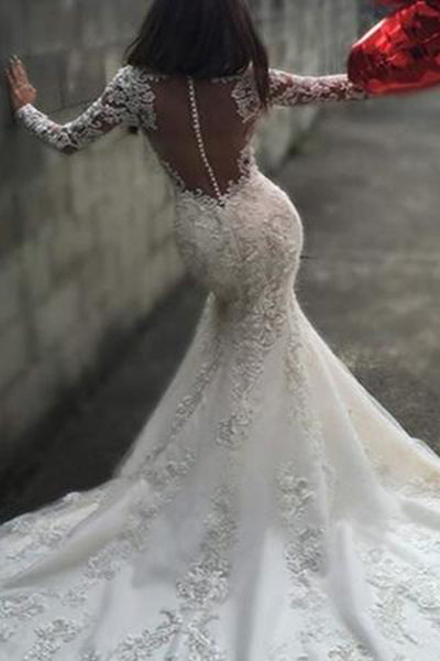 Sexy White Yarn Button Back Long Sleeve Lace Mermaid Charming Chapel Trailing Wedding Dress PH171