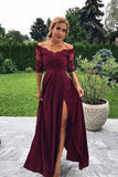 Modest Off the Shoulder Burgundy Bridesmaid Dresses with Slit, Prom Dresses P1498