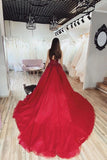 Burgundy Ball Gown V-Neck Spaghetti Straps Tulle Prom Dress with Appliques P1304
