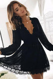 Black Deep V Neck Long Sleeves Lace Homecoming Dress, Black Short Prom Gown 