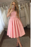 Charming Lace A-line Cute Satin Pink Tea Length Appliques Homecoming Dresses uk PH861