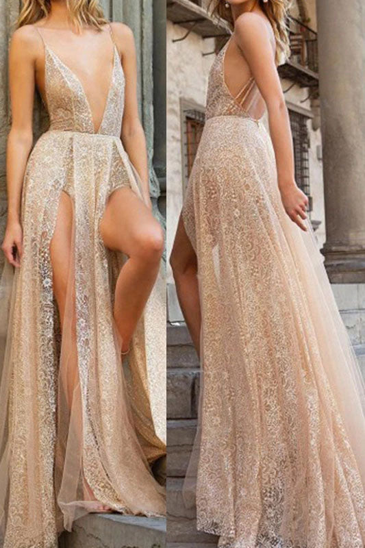 Sexy Lace Spaghetti Straps Backless V Neck Long Prom Dress with High Split P1165