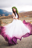 Two Pieces White Straps Prom Dresses Bateau Fuchsia Dyed Chiffon Wedding Dress W1120