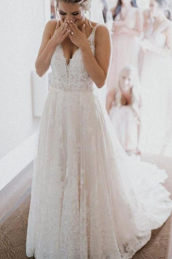 Gorgeous V Neck Ivory Lace Appliques Backless Long Wedding Dresses, Bridal Dresses PW887