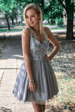 Gray V-Neck Short Prom Dresses Straps Above Knee Homecoming Dresses with Appliques H1142