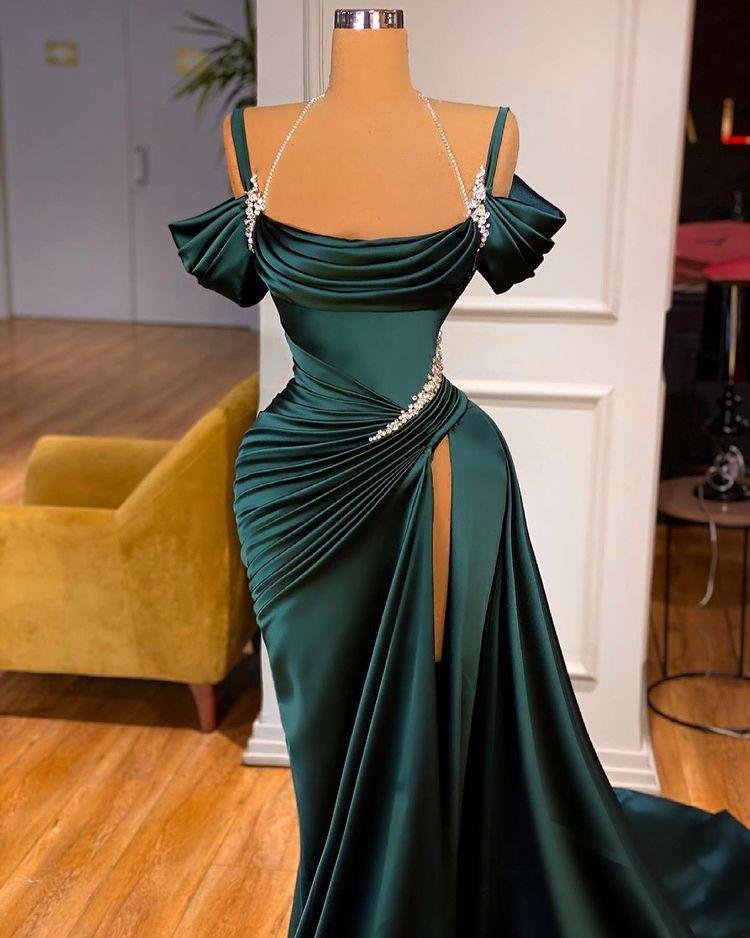 Mermaid Dark Green Off-the-Shoulder Long Prom Dresses with Slit PD021