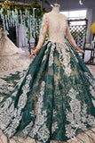 Green Long Sleeves Ball Gown Lace Prom Dress with Appliques, Long Quinceanera Dress P1137