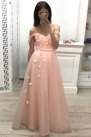 Off the Shoulder Sweetheart Tulle Prom Dresses, Pleats Prom Gowns With Flowers PW903