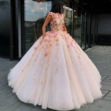 Princess Ball Gown Pink Tulle Prom Dress with Handmade Flowers Quinceanera Dress P1451
