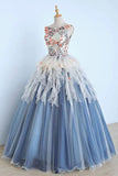 Princess Ball Gown Appliques Blue Tulle Prom Dress Sweet 16 Dress Quinceanera Dress P1346